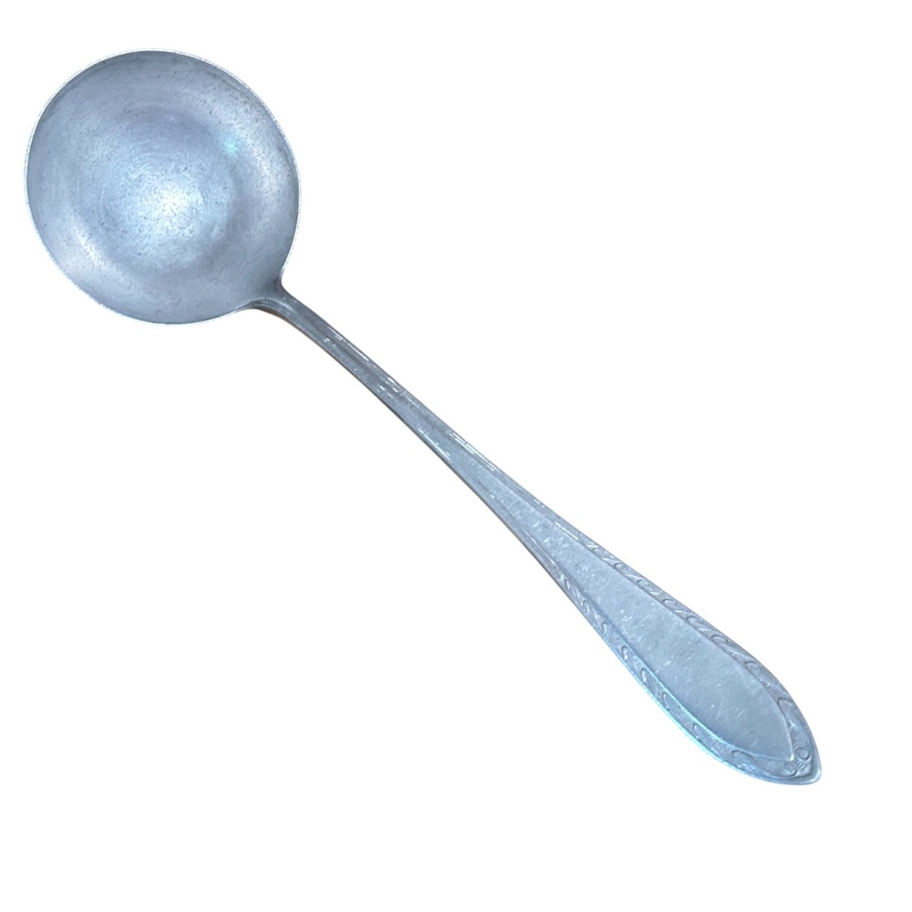 Vintage Aluminum Small Ladle Sauce Spoon Ornate Border Handle Matte Silver Tone